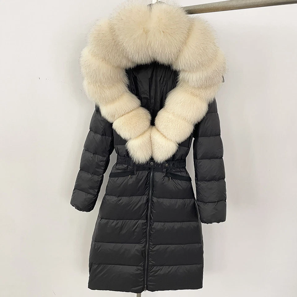 Winter Womens Hooded Real Fox Fur Collar Down Jacket Long Coats Overcoat Zipper - Image 2 of 4
