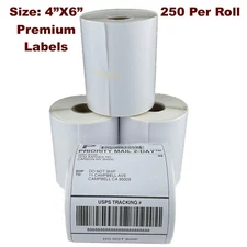 4 Rolls 4x6 Direct Thermal Shipping Labels - 250 per roll - 1000 labels