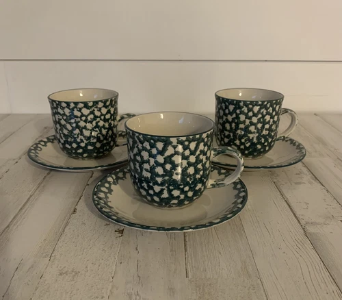 Tienshan Set of 3 Folk Craft Apple Green Sponge Coffee Mugs Tea Cups & Saucers