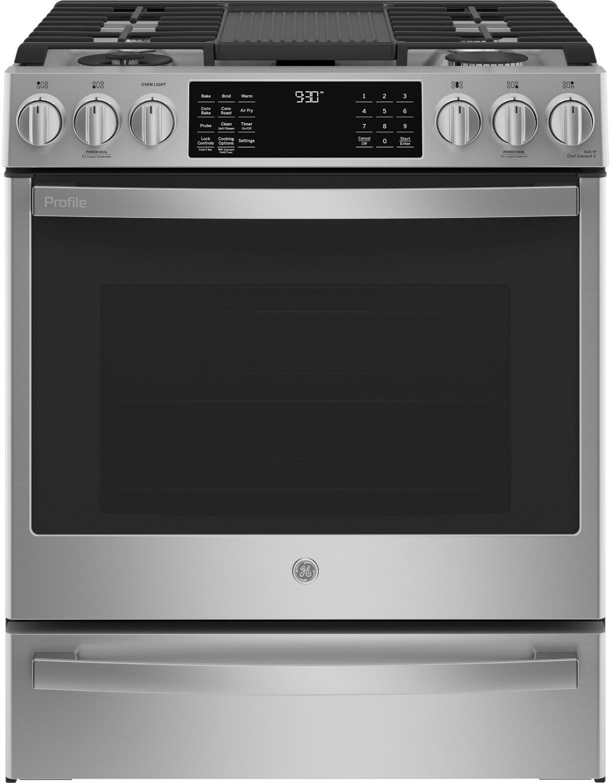 GE Profile P2S930YPFS 30 Inch Dual Fuel Smart Range In Stainless Steel.