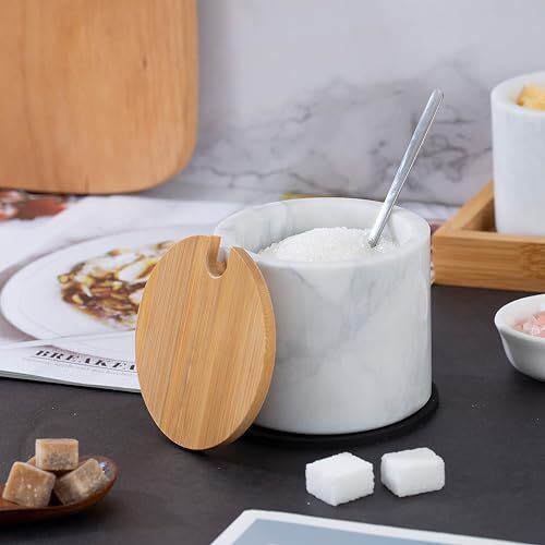 Marble Sugar Bowl with Lid & Spoon, Sugar Container light white grey - Picture 6 of 7