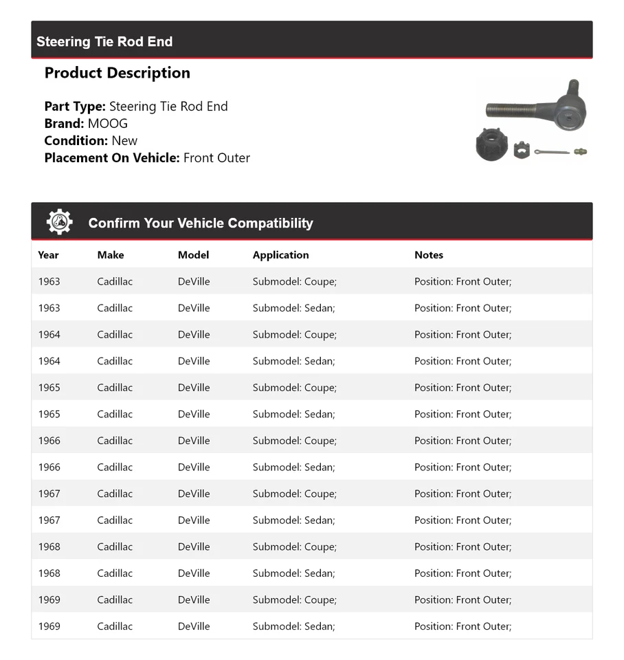 Para Cadillac DeVille 1963-1969 extremo de barra de dirección exterior delantero MOOG 1963 1964 Foto 2 de 4