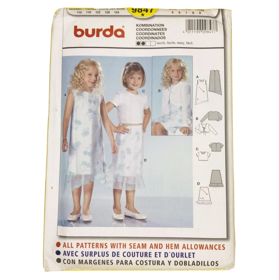 BURDA 9847 Dress Top Skirt Jacket Girls Size 5 6 7 8 9 Sewing Pattern BN UNCUT - image 4 of 4