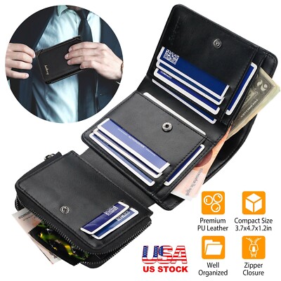 Classic Men's Leather Wallet ID Card Holder Purse with Trifold Clutch Zipper