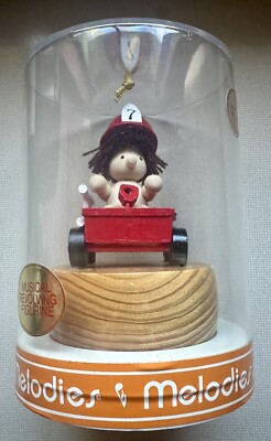 Vintage Wooden Firefighter Boy in his Fire Truck Wind Up Music Box New In Case
