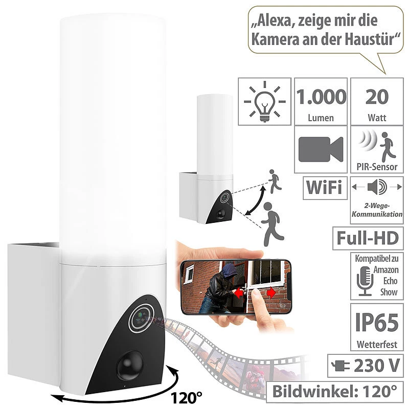 VisorTech LED-Außenwandleuchte & WLAN-2K-Kamera, PIR, Nachtsicht, App, weiß - Bild 4 von 4