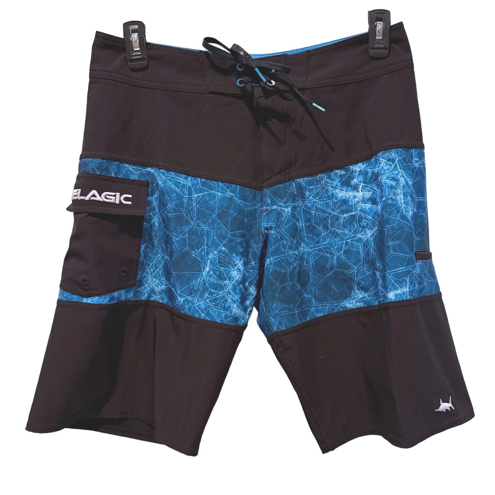 Pelagic Ridgemont Board Shorts Mens 32 Black Blue Geometric Fishing Surf Shorts