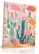 Framed Mexican Canvas Wall Art Cactus Desert 12"x16" Canvas Pink Cactus Flower