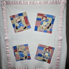 Vintage Raggedy Ann Andy Quilted Crib Blanket Pink Satin Trim 34" 42.5"