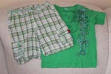 Boys Summer Outfit Set Green Short Sleeve T-Shirt and Plaid Cargo Shorts sz3T.