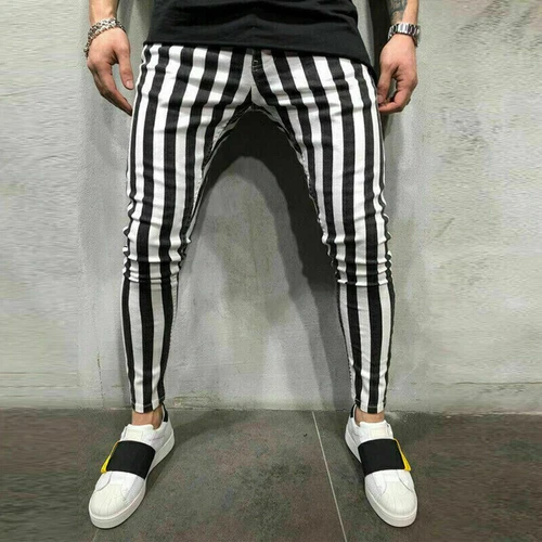 DE uomo a righe a quadri nero bianco pantaloni estivi slim tempo libero comodi pantaloni @ - Foto 11 di 15