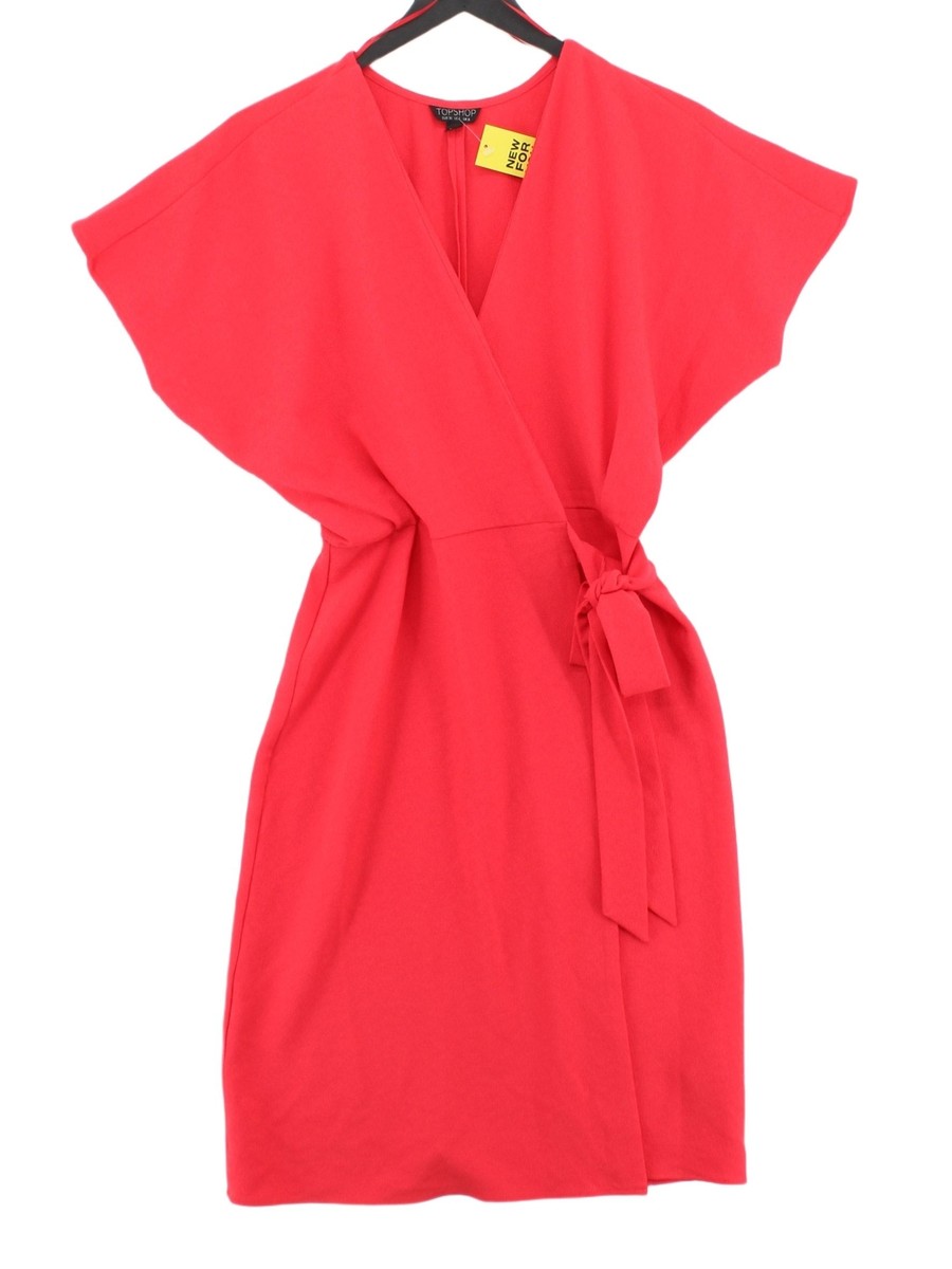 Topshop Women's Midi Dress UK Red Polyester with Elastane Wrap