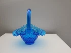 Gorgeous Vintage Fenton Colonial Blue Hobnail Glass Basket Ruffled Edge ~ 7.25”