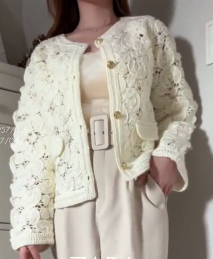 Zara Macrame Knit Cardigan Crochet Jacket Ecru White Floral S L