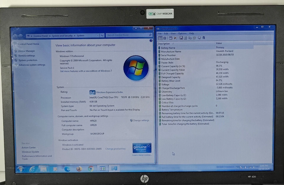 HP 620 Core 2 Duo T6570 2.10GHz/4GB RAM/250GB HDD/14" Win 7 Pro Foto 2 de 4