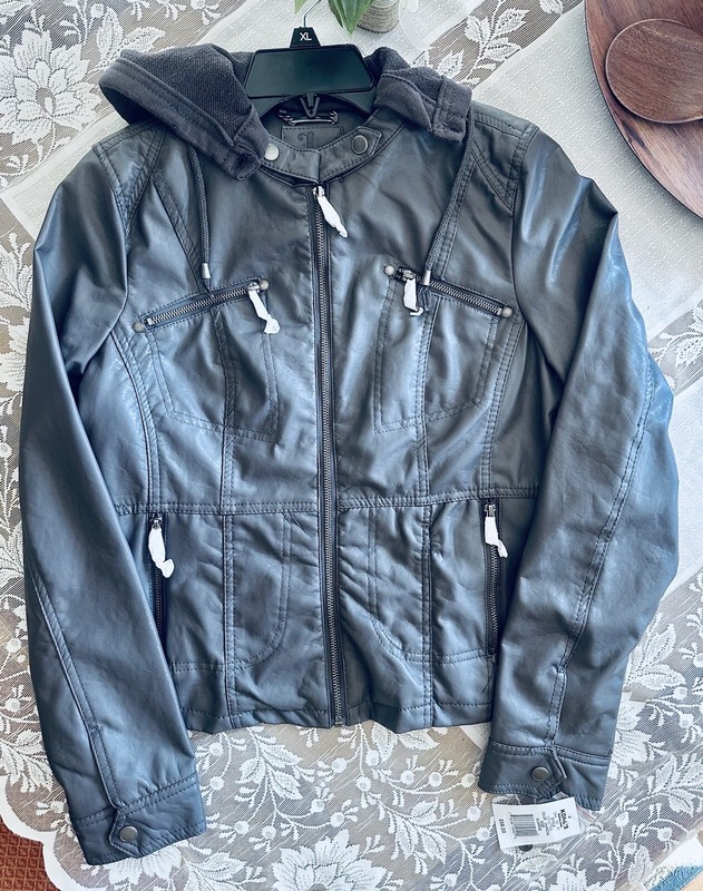 JZ Charcoal Faux Leather Jacket XL Full Zip Zipped Pockets Sleeves Lined Hood