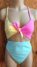 Xhilaration Cut Out Out Piece Bathing Suit Ribbed Neon Color Block L 8/10  NWT