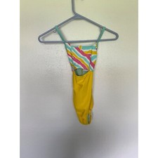 Speedo Swimsuit Girls Size M Yellow with Aqua Pink Peekaboo Stomach