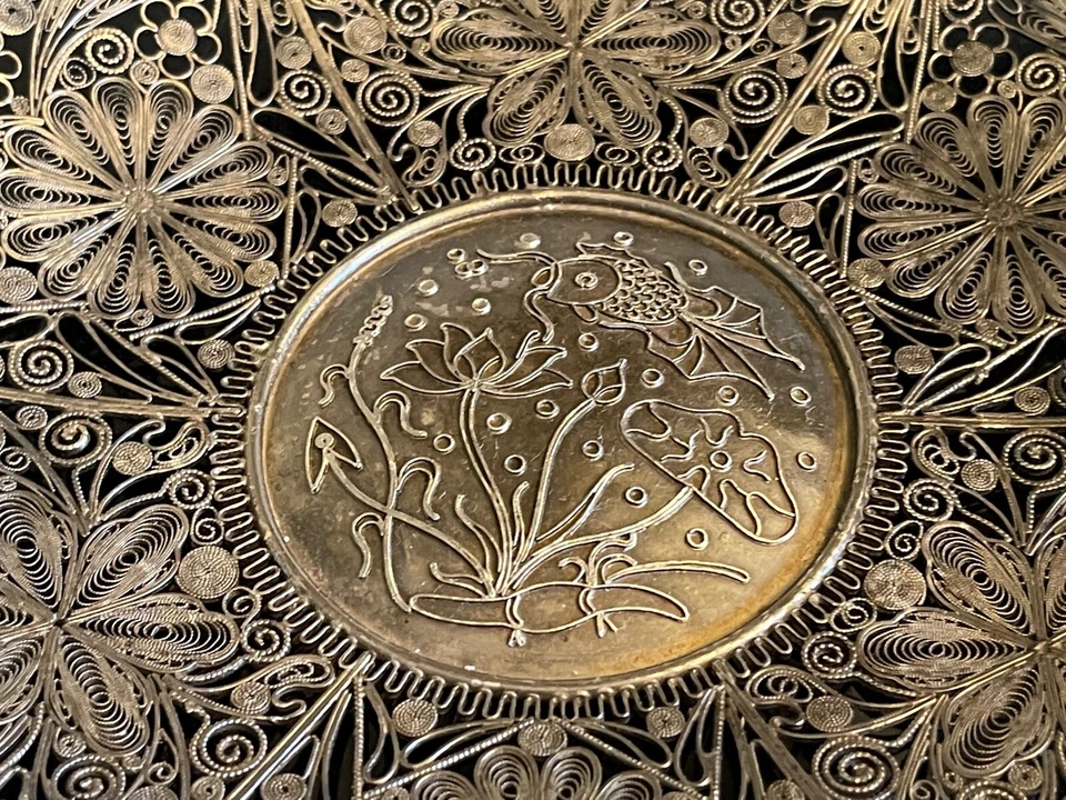 Plato redondo de filigrana de plata china antigua fina 130 gramos Foto 3 de 4