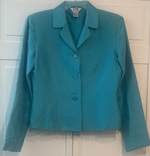 S. L. B. 100% Silk Jacket With Tiny Beaded Fringe Turquoise Lined Women’s Size 4