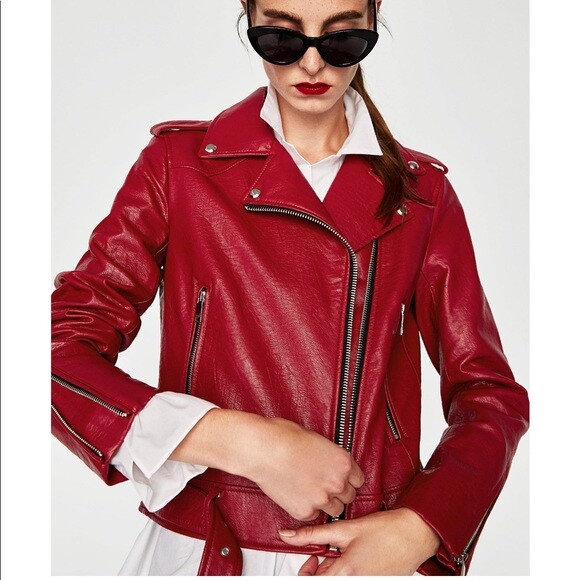 ZARA BASIC OUTERWEAR RED FAUX LEATHER BIKER JACKET SIZE LARGE | eBay
