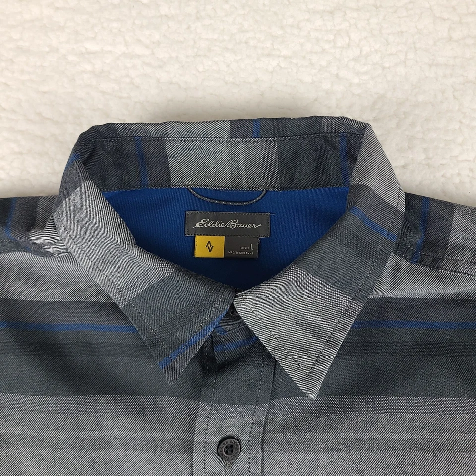Camisa de franela Eddie Bauer TraveX para hombre grande gris oscuro azul vestido a cuadros abotonada Foto 4 de 4