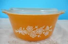 Vintage Pyrex, Milk Glass 'Butterfly Gold'  casserole dish good used condition