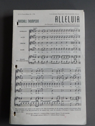 Alleluia - 4 part unaccompanied chorus SATB - Randal Thompson - 1968 sheet music
