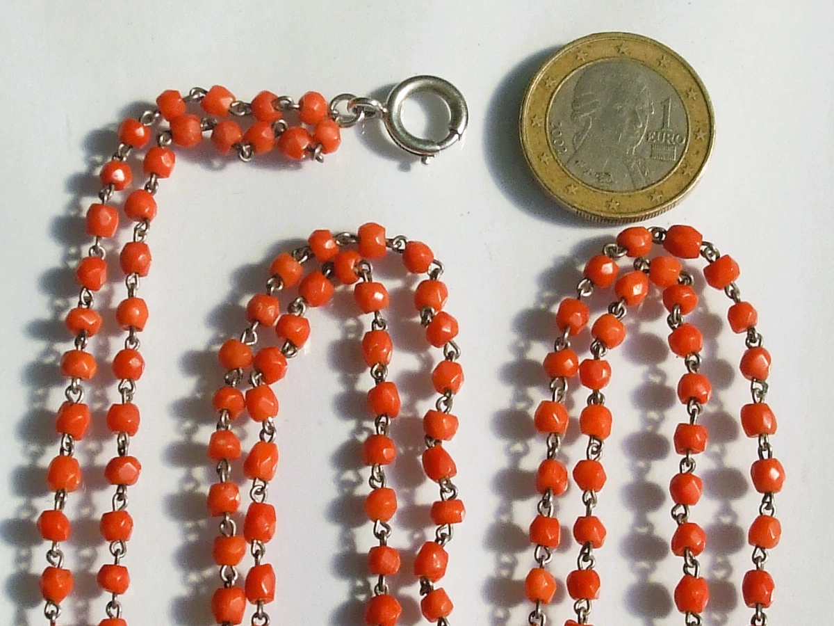 Collier Sautoir Vintage Perles Tubes Rouge - Bijou Ancien Sans Marque En Très Bon état