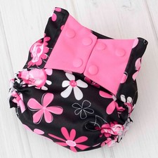 One Size Cloth Diaper Cover, Black  Pink Flowers, Waterproof Baby Diaper AI2