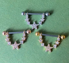 PAIR Gem Paved Stars Dangle Nipple Rings Shields Barbells Piercing Body Jewlery