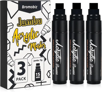 BROMOBIZ 3Pcs Black Jumbo Poster Markers, 15Mm Wide Thick Felt Tip, Large Acrylic Paint M