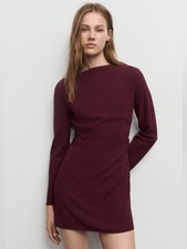 Mango Women's Boat Neck Ruched Dress Size 6 Wine Red Burgundy NWOT