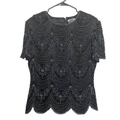 VTG Papell Boutique Evening Beaded Top SZ L Blk/Grey Wedding Party Glam Retro