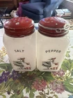 Vtg MCKEE Watering Can Lady Milk Glass SALT & PEPPER  Shaker Set 4.5” Red Lids