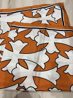 Chrome Hearts Orange Twill White Cemetery Cross Print Silk Wrap Shawl Scarf 40in