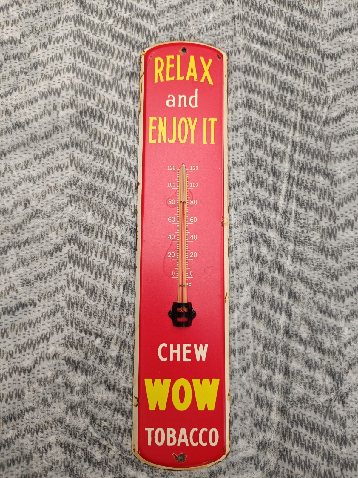 Vintage Style "CHEW WOW TOBACCO" Metal Advertising Thermometer Sign - Reproduct