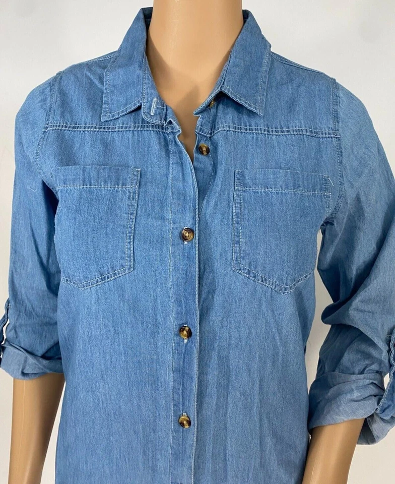 Vestido camisa midi jeans Rue21 Jrs feminino tamanho XS manga aba rolo botão frontal novo com etiquetas - Imagem 4 de 4