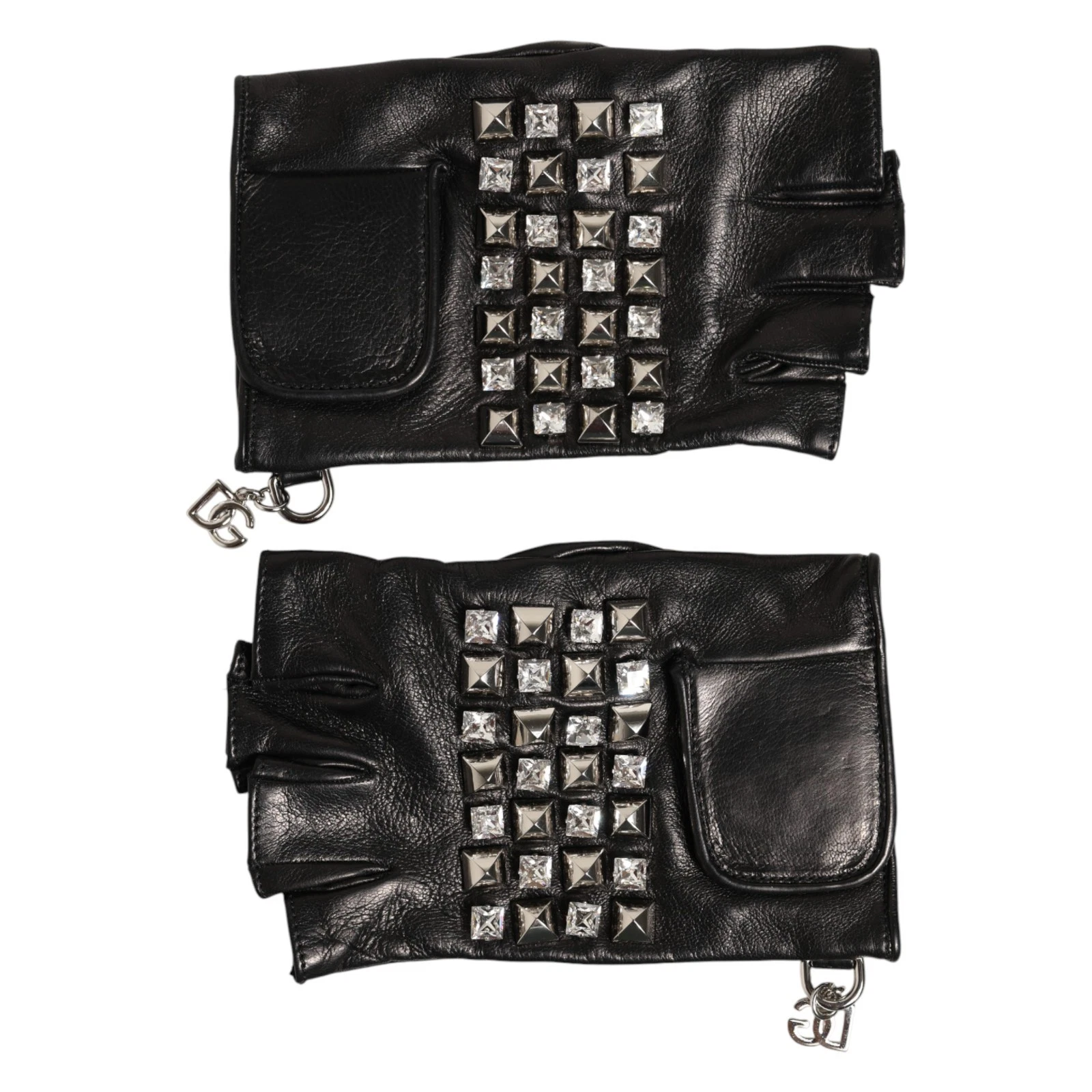 DOLCE & GABBANA Gloves Black Leather Studded Fingerless Hand Mitten Men 1220usd