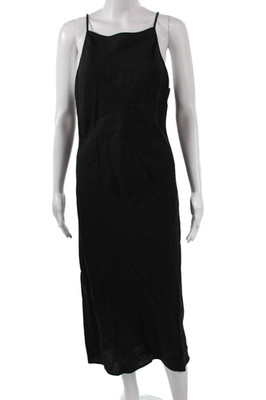 James Perse Womens Black Linen Slip Dress Square Neck Sleeveless Midi Size 2