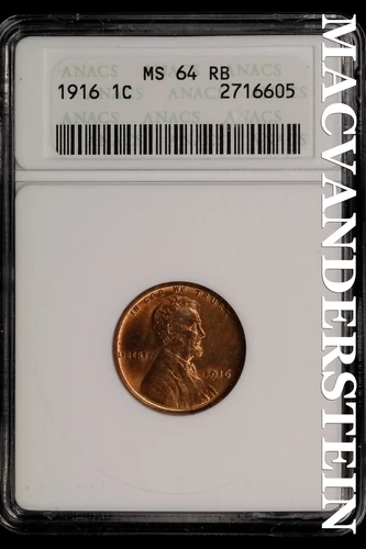 1916 Lincoln Wheat Cent-ANACS MS 64 RB Gem BU No Reserve #SLL548