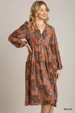 Umgee Mocha Floral V-Neck Cross Over Long Sleeve Tiered Maxi Dress
