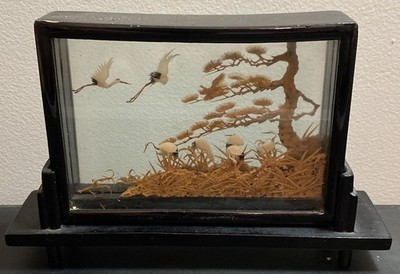 Vintage Chinese Cork Sculpture Diorama w/ Storks & Tree Peaceful Display