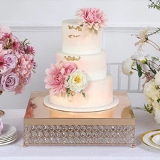 GOLD METAL 16" wide Cake Stand with Crystal Beads Party Wedding Reception SALE