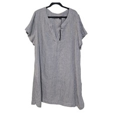 Tahari 3X Linen Shift Dress Blue White Pinstripe Split Neck Coastal Casual NWT