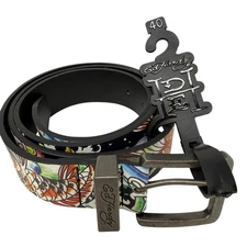 Ed Hardy Men Size 40 Koi Fish Multicolor Print Black Belt With Rivet Studs NEW