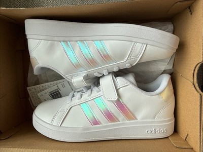 Kids Size 1.5 Adidas Grand Court 2.0 EL C White/Iridescent Sneakers  IE3851