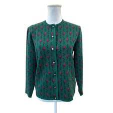 Strickmeister Austria Vintage Wool Cardigan Green Red Floral Rose Button Front