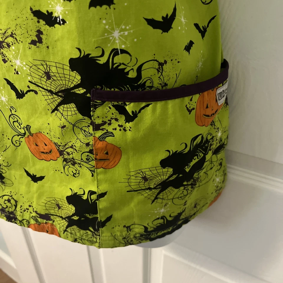 Women’s Halloween Scrub Top XS Green With Orange Pumpkins, Black Witches - Image 3 of 4