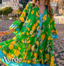 ANTICA SARTORIA 2026 GREEN AQUA LEMONS BUTTON DOWN BELTED DRESS OS TO XXL NWT